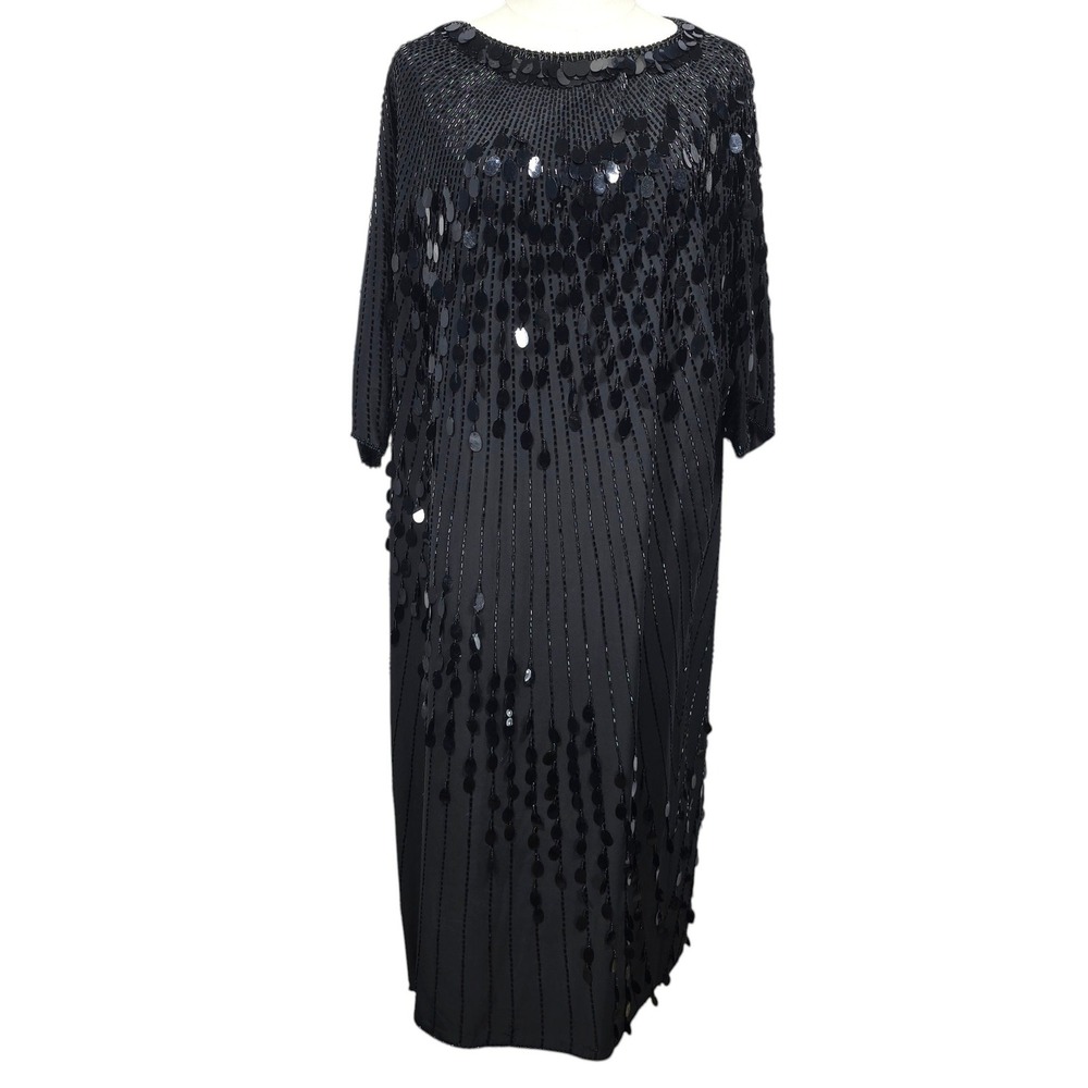 Oleg Cassini Vintage Black Tie Shift Dress Womens 14 Silk Beaded Sequin Formal - Picture 2 of 12